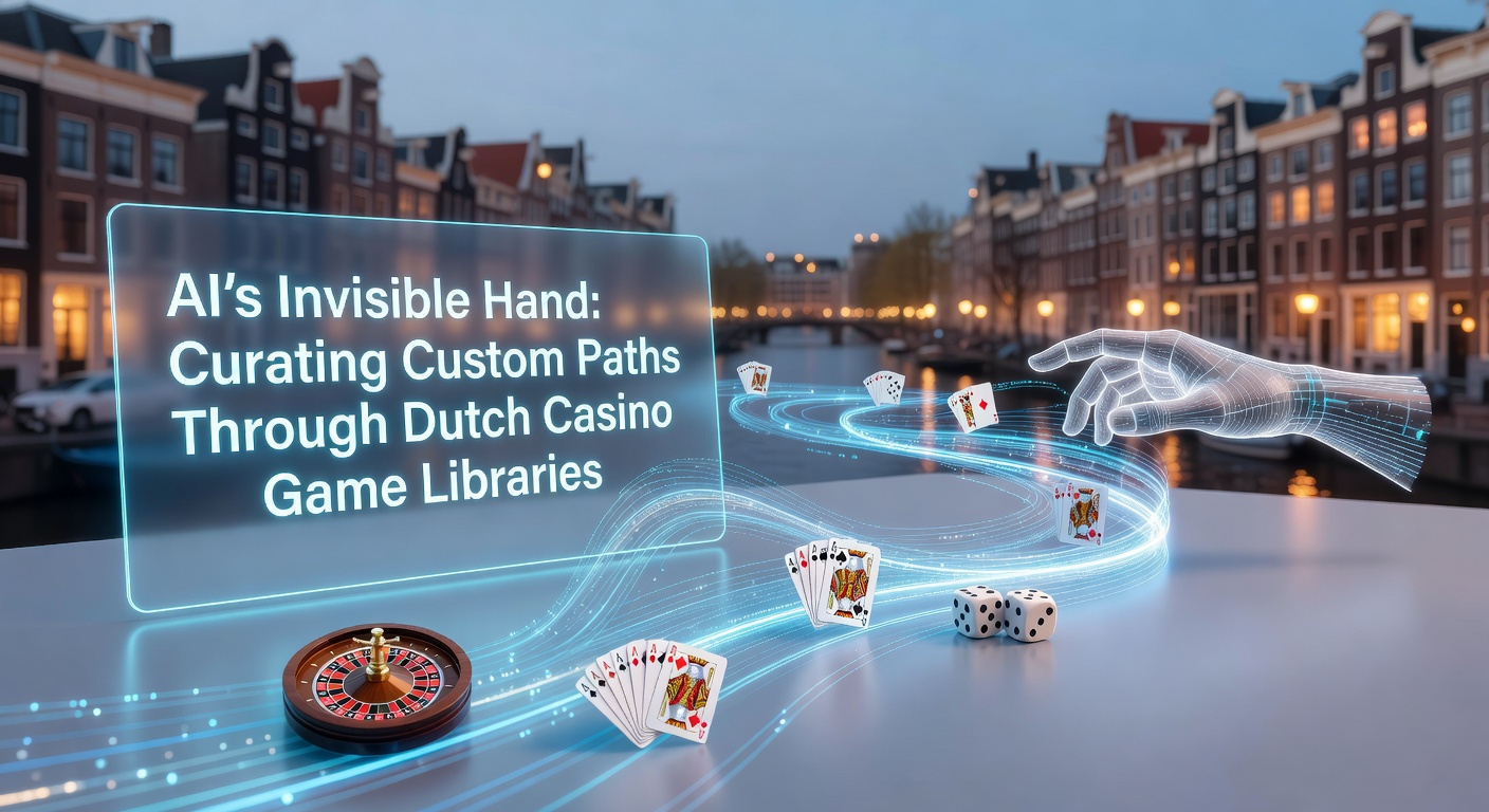 AI-algoritmes die spelletjes aanbevelen in een digitaal casino-landschap, met Nederlandse vlag en speliconen op een achtergrond van dataflows