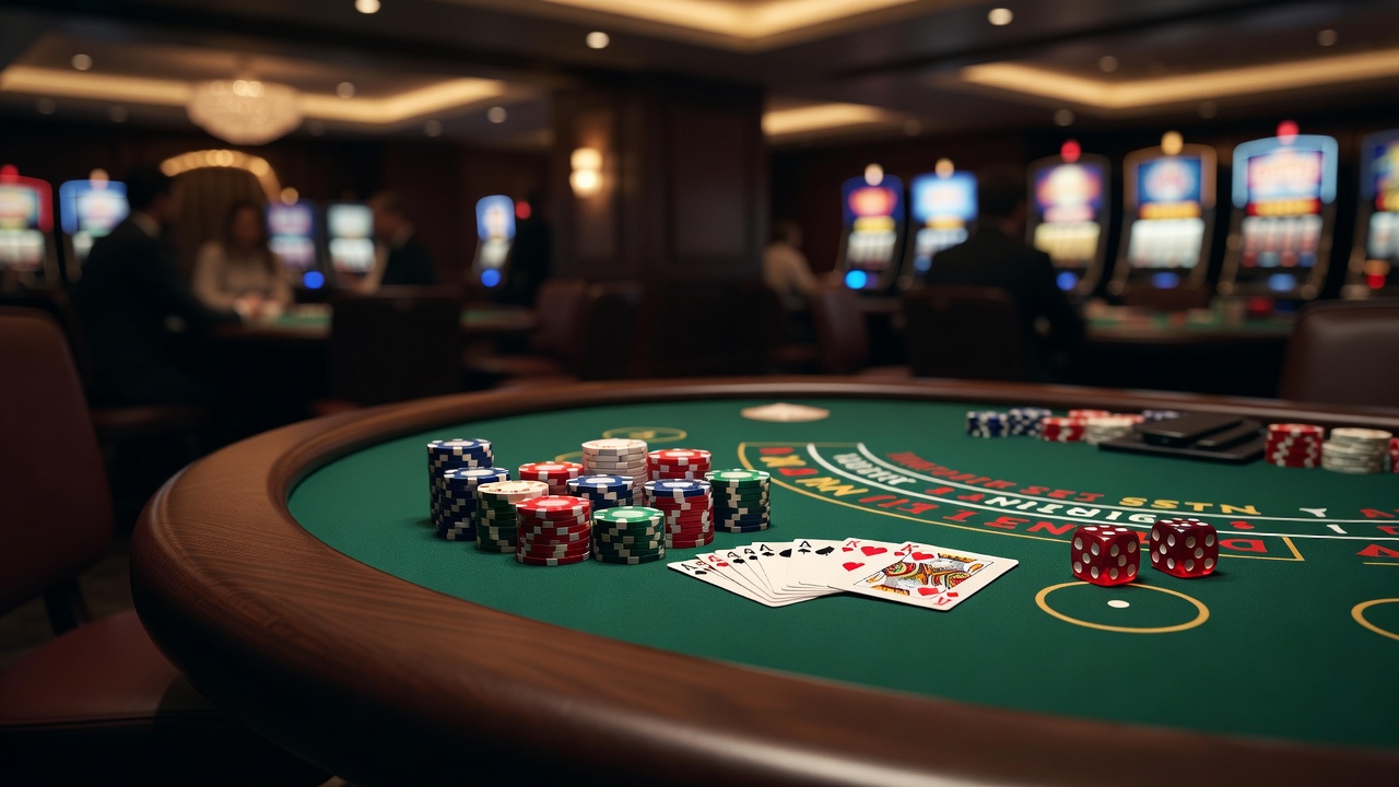 Overzicht van diverse casinospellen met kaarten, roulettetafels en gokautomaten in een moderne setting