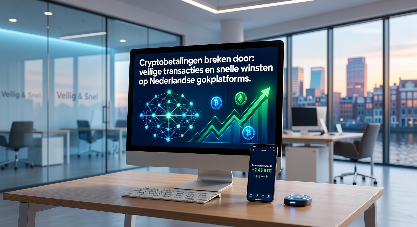 Afbeelding van een blockchain-netwerk met crypto-munten en een Nederlands casino-interface, symboliserend veilige en snelle transacties