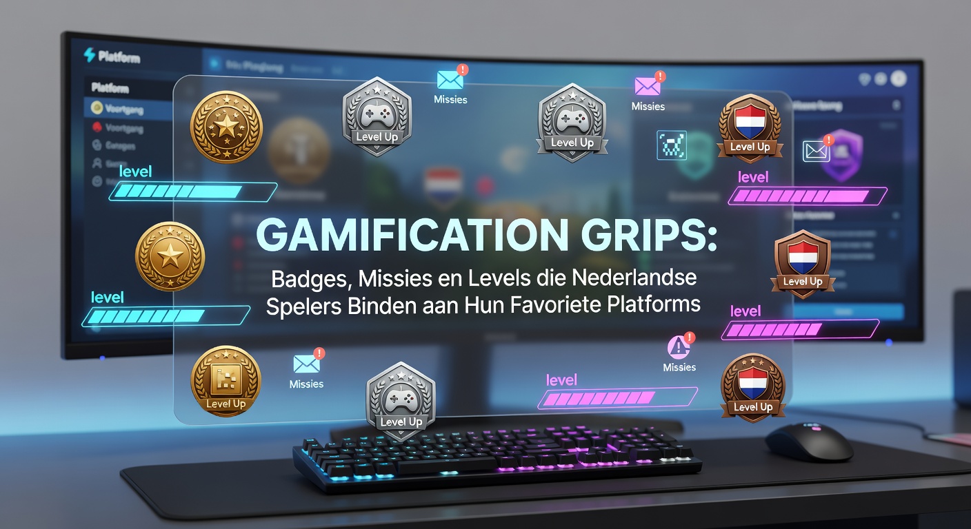 Spelers bereiken een nieuw level met badges en missies op een Nederlands casino platform, terwijl confetti virtueel explodeert