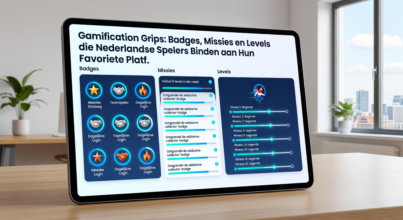 Een speler voltooit een missie op mobiel, met levels en badges die oplichten op een Nederlands gokplatform