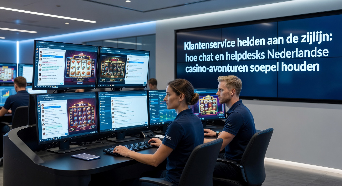 Een vriendelijke klantenservice-agent helpt een speler via live chat in een Nederlands online casino, met chatvensters en icons op een dynamisch scherm