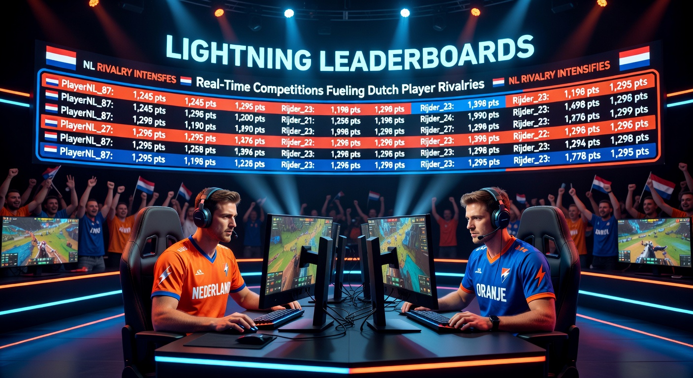 Close-up van een mobiel leaderboard tijdens een live lightning competitie, met Nederlandse vlaggen en stijgende scores