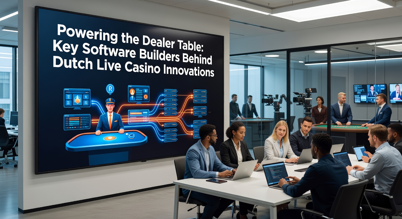 Live dealer tafel met software-interface in een Nederlands casino-setting, waar dealers blackjack spelen onder heldere studio-verlichting