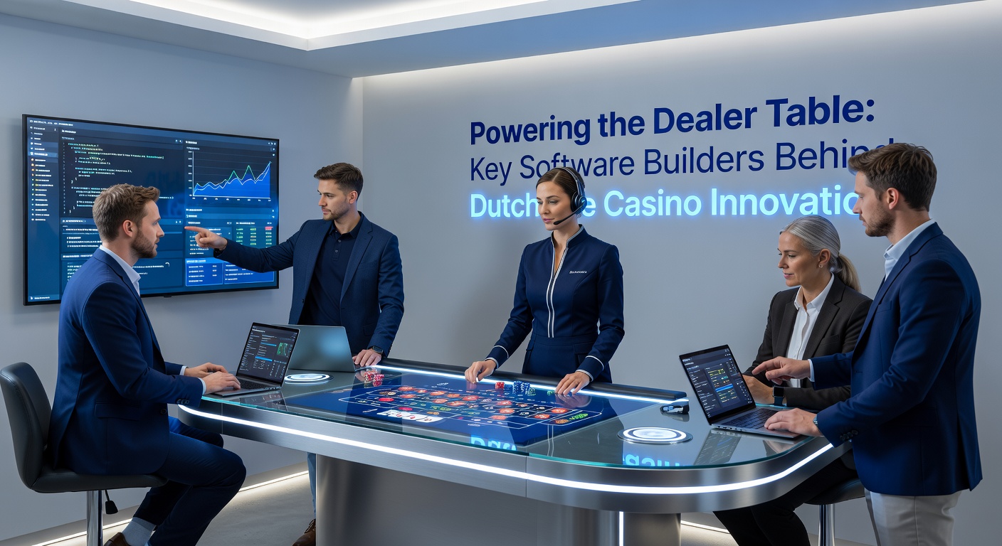 Moderne live casino studio met software-dashboard, dealers bij roulette- en blackjacktafels, en grafieken die innovaties illustreren in een high-tech omgeving