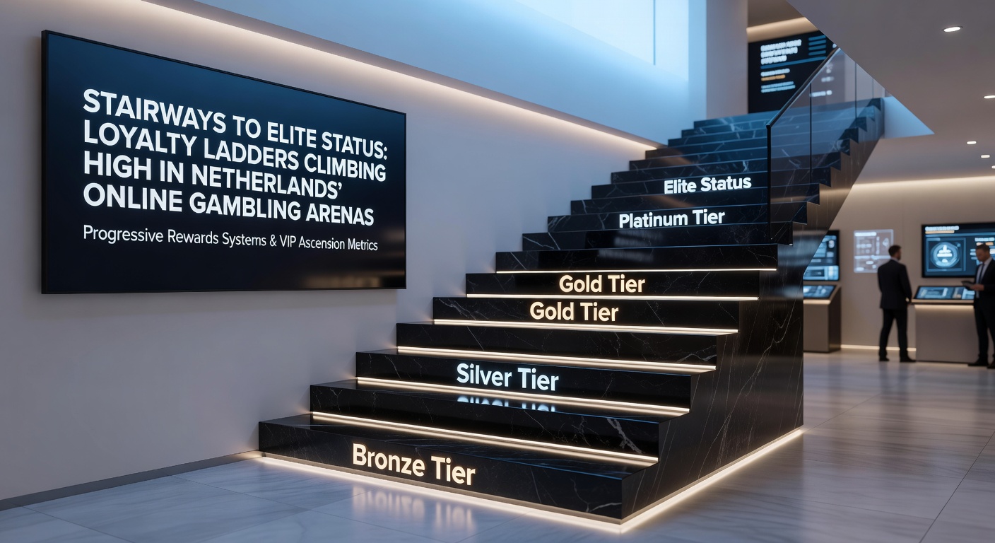 Grafiek met opklimmende niveaus van een loyaliteitsprogramma in een Nederlands online casino, tonen van brons tot diamant elite status met groeiende beloningen