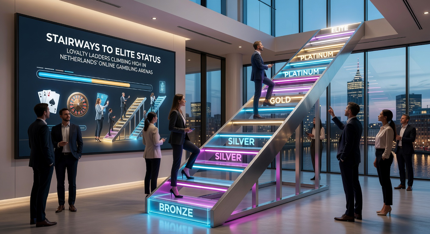 Speler die een VIP-ladder beklimt in een online casino interface, met iconen van beloningen zoals cashback en exclusieve toernooien