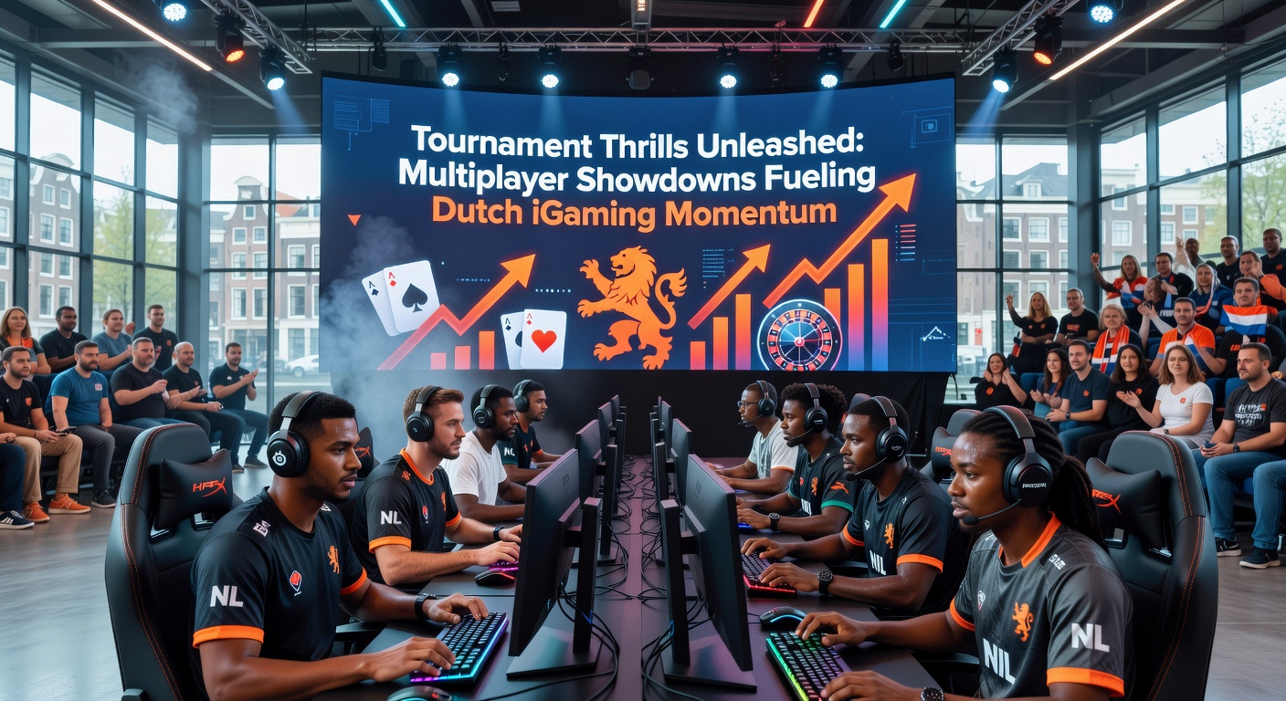 Groep Nederlandse spelers geanimeerd rond een virtueel toernooileiderbord, met vuurwerk-effecten en trofeeën die de winnende momentum illustreren in de iGaming-wereld