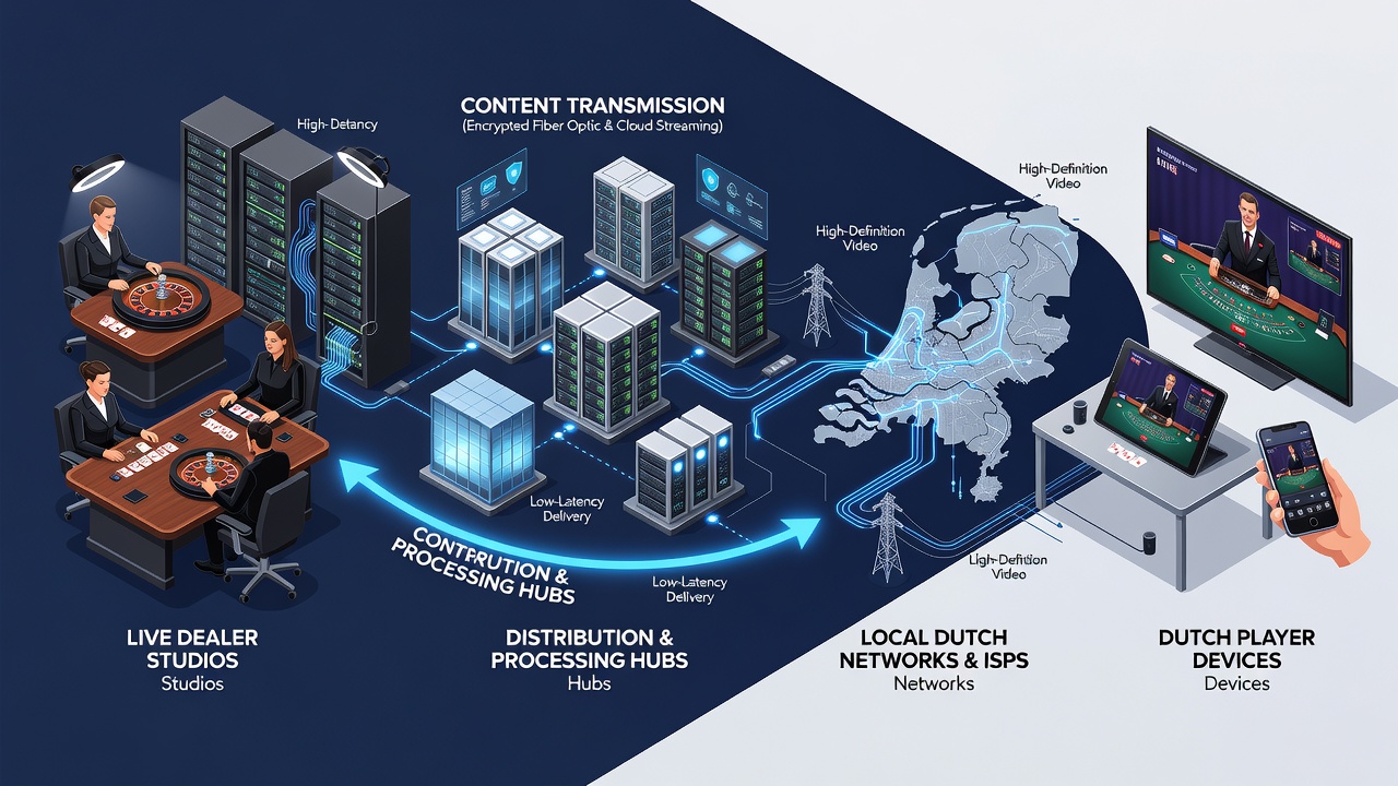 Netwerkdiagram van content delivery van studio naar Nederlandse mobiele apparaten